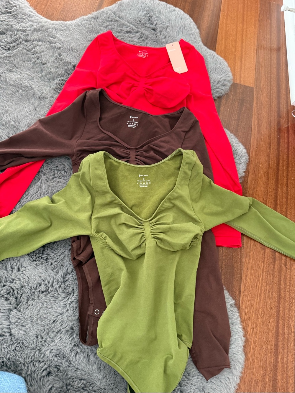 Ruched V-Neck Long Sleeve Bodysuit in Olive, Chocolate & Red